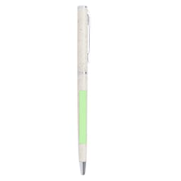 A pen featuring a white body with a green accent. It has a clip and a shiny metal tip.