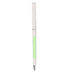 A pen featuring a cork-like texture with a vibrant green grip and a silver clip, complete with branding.