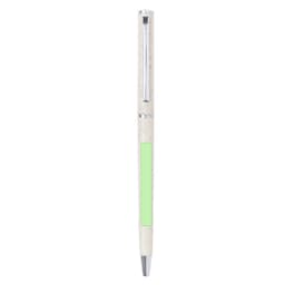 A green and white pen featuring a textured body and a silver clip, with a logo prominently displayed.