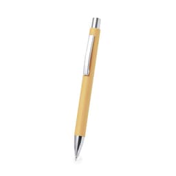 A pen with a yellow body and silver clip, featuring a shiny silver tip and a simple design.