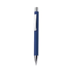A blue pen with a sleek matte finish and a shiny silver clip. It has a classic ballpoint design.