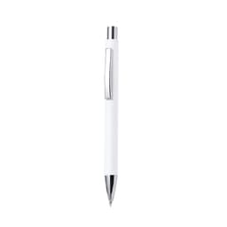 A white pen with a chrome clip and silver accents, featuring a simple design and a logo.
