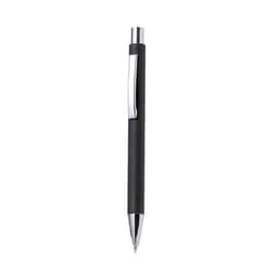A black pen with a silver clip and a shiny tip, featuring a sleek, minimalist design.