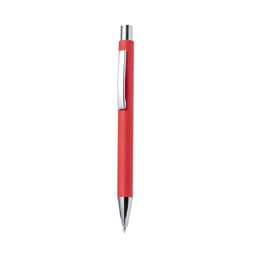 A red pen with a chrome clip and tip, featuring a smooth finish and a sleek design.