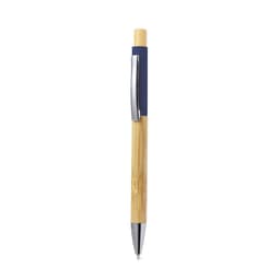 A wooden pen featuring a bamboo body and a blue accent, complete with a silver clip.