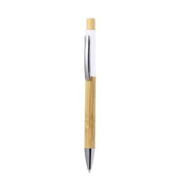 A wooden pen with a bamboo barrel, white accents, and a silver clip. It features a sleek design and a logo.