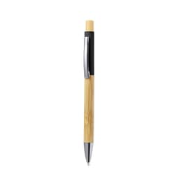 A wooden pen with a black top and chrome accents, featuring a natural bamboo barrel and a sleek design.