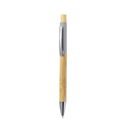 A wooden pen featuring a bamboo barrel, grey accents, and a shiny chrome clip. It has a sleek, modern design.