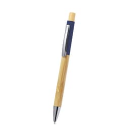A wooden pen featuring a bamboo barrel, navy grip, and silver accents. It has a logo on the side.