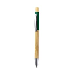 A wooden pen featuring a bamboo barrel and a green grip with a chrome clip and tip.