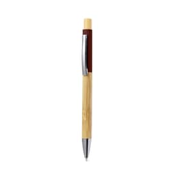 A wooden pen with a bamboo shaft, red accent, and a chrome clip. It features a logo on the side.