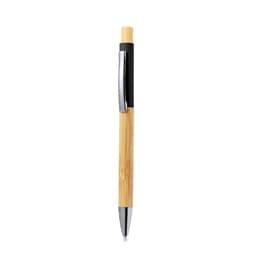 A wooden pen featuring a bamboo barrel and a black clip, with a chrome tip and accents.