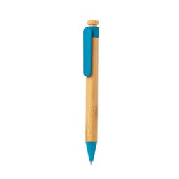 A wooden pen featuring a bamboo body and a blue clip and tip. It has a logo on the barrel.
