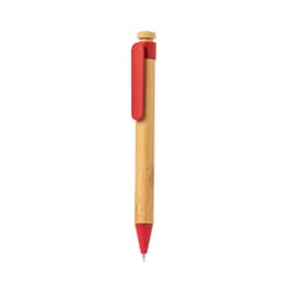 A wooden pen featuring a natural bamboo barrel and a bright red clip, with a logo on the clip.