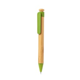 A wooden pen with a bamboo body and green accents, featuring a clip and a ballpoint tip. It has a logo.
