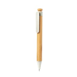 A wooden pen featuring a bamboo body and a metal clip, with a grey tip. It has a simple and elegant design.