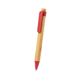 A wooden pen with a bamboo body and red accents, featuring a clip and a rounded tip.