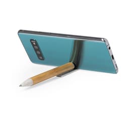 A wooden pen with a bamboo finish is positioned against a blue smartphone, held by a stand.