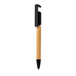 A wooden pen with a bamboo barrel and a black clip, featuring a sleek design. It has a logo on the barrel.