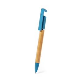 A wooden pen with a blue clip and tip, featuring a natural bamboo barrel and a logo on the clip.