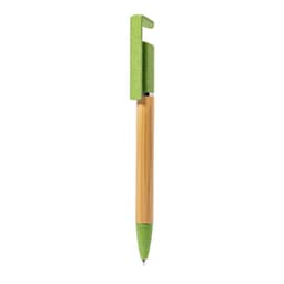 A wooden pen with a bamboo barrel and a bright green cap, featuring a branding logo.