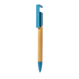 A wooden pen with a bamboo body and blue accents at the top and end. Features a logo.