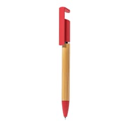 A wooden pen with a bamboo body and a bright red clip. It features a logo on the clip.