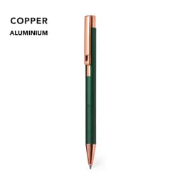 A green metal pen with a copper clip and tip, featuring a textured grip and a logo.