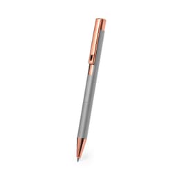 A metal pen with a grey barrel and rose gold accents. The pen has a textured grip and a logo on the body.