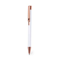 A metal pen with a sleek white body and rose gold accents. The pen features a smooth grip and a clip.