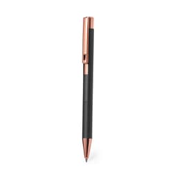 A sleek black metal pen with rose gold accents and a textured grip, featuring a clip and branding.