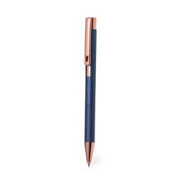 A metal pen in navy blue with a rose gold clip and accent detailing. Features a logo on the body.