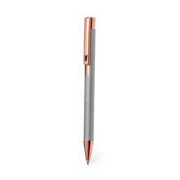 A metal pen with a grey body and rose gold accents, featuring a textured grip and a clip at the top.