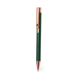 A green metal pen with a rose gold clip and accents, featuring a textured grip and a branding logo.