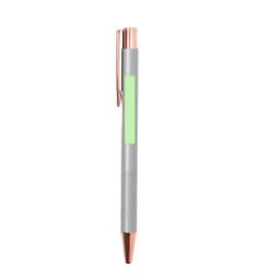 A metal pen in silver with a rose gold clip and tip, featuring a green section for branding.