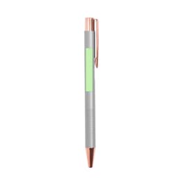 A metal pen in grey with a rose gold clip and tip, featuring a smooth grip and a branding logo.