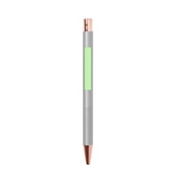 A metal pen with a grey body and rose gold accents, featuring a green section for branding or personalisation.