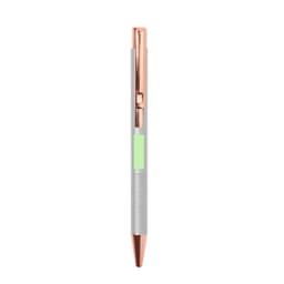 A metal pen in silver with a rose gold clip and trim, featuring a green accent on the barrel and a logo.