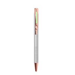 A metal pen with a white barrel and rose gold accents, featuring a clip and a textured grip. It has a logo.