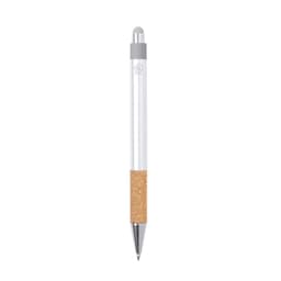 A ballpoint pen with a white barrel, cork grip, and a silver clip, featuring a branding logo.
