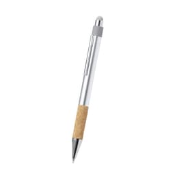A silver ballpoint pen with a cork grip and a stylus tip, featuring a clip and a branding logo.