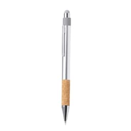 A silver ballpoint pen with a cork grip and a stylus tip. The pen features a clip and has branding on the side.