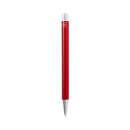 A metal pen in vibrant red with silver accents and a branding logo.