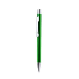 A green metal pen with a silver clip and tip. It features a sleek design and has a branding logo.