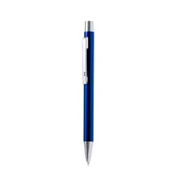 A blue metal pen with a silver clip and a shiny finish. The pen has a logo on its body.