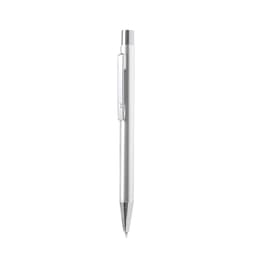 A metal pen in silver with a sleek design and a clip, featuring a branding logo.