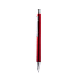 A red metal pen with a sleek design and silver accents, featuring a clip and a pointed tip.