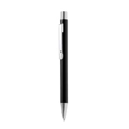 A black metal pen with a silver clip and tip, featuring a logo on its body.