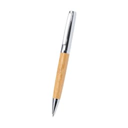 A metal pen with a bamboo barrel and chrome accents, featuring a branding logo on the body.
