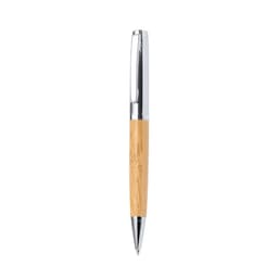 A metal pen featuring a bamboo barrel and a shiny silver clip, accompanied by a branding logo.